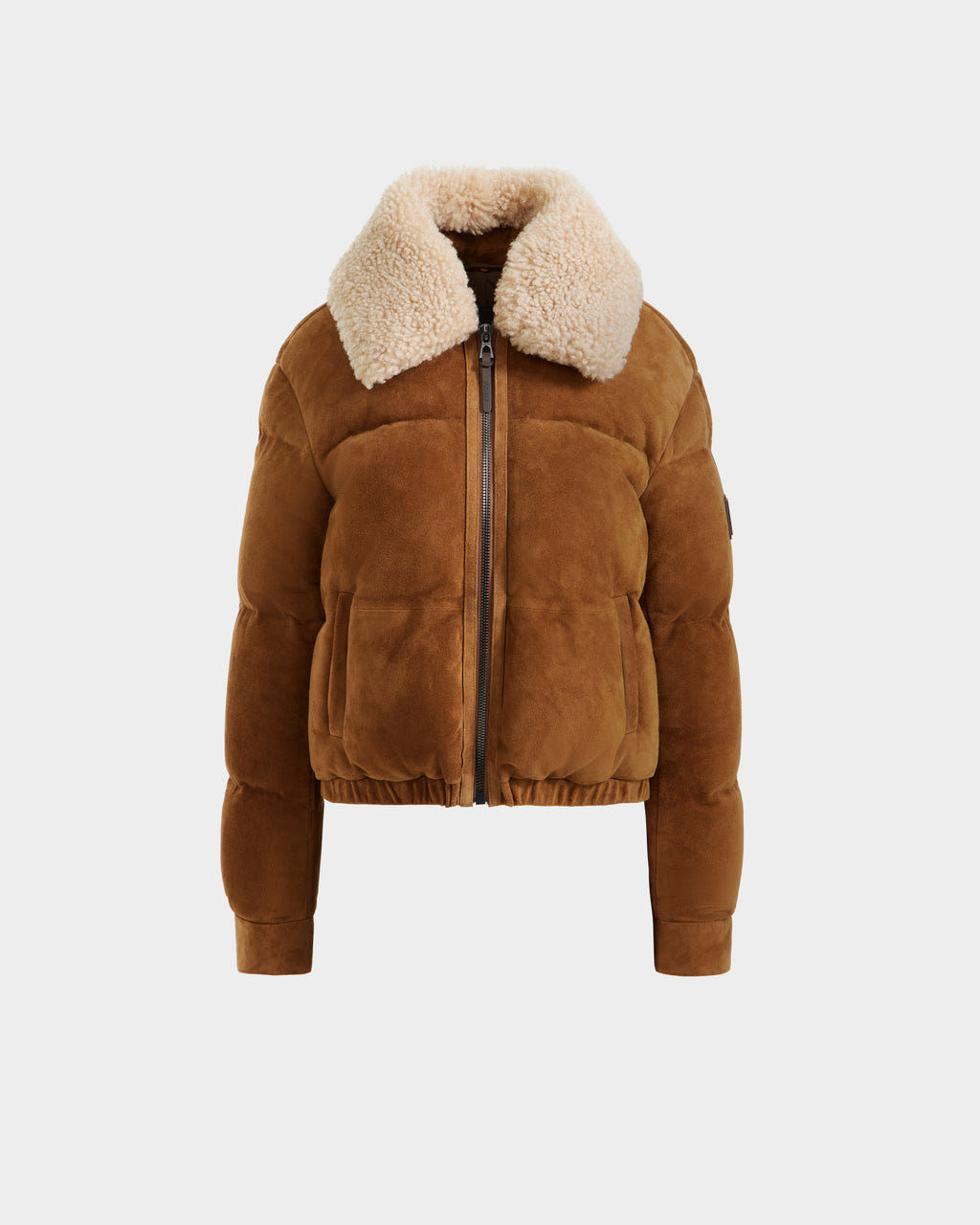 The Rudsak STACEY - 8125049 Mocha is a women’s brown suede aviator jacket featuring a large cream shearling collar, front zipper, and side pockets. This cropped bomber offers warmth and style, shown on a plain white background.