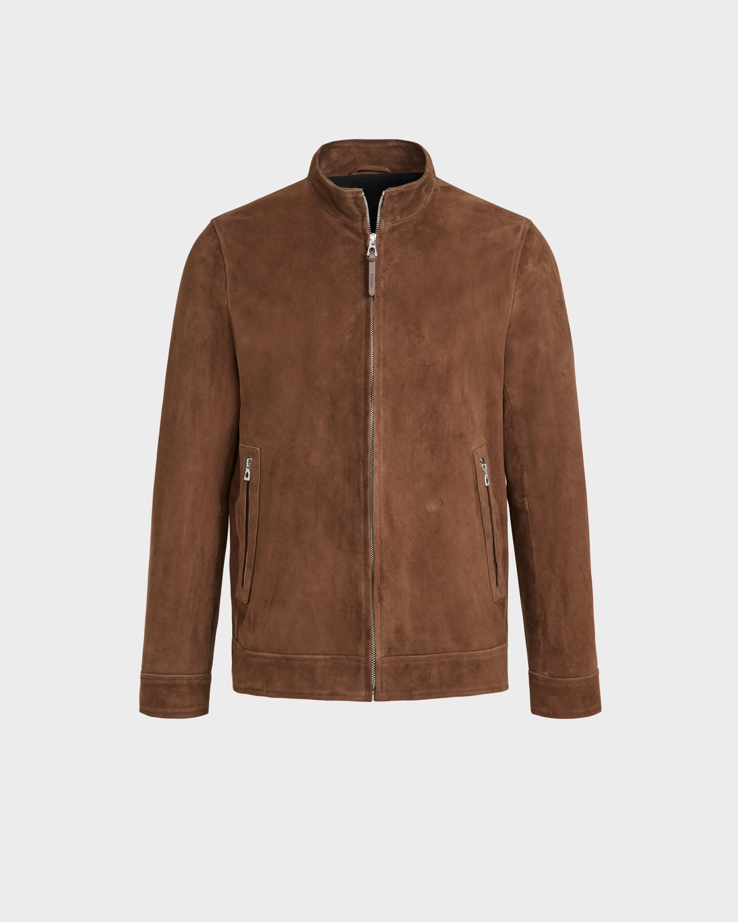The Rudsak STEVEN SU - 6125584 Mocha men’s suede jacket features a stand collar, front zipper closure, and zippered side pockets, shown against a plain white background.