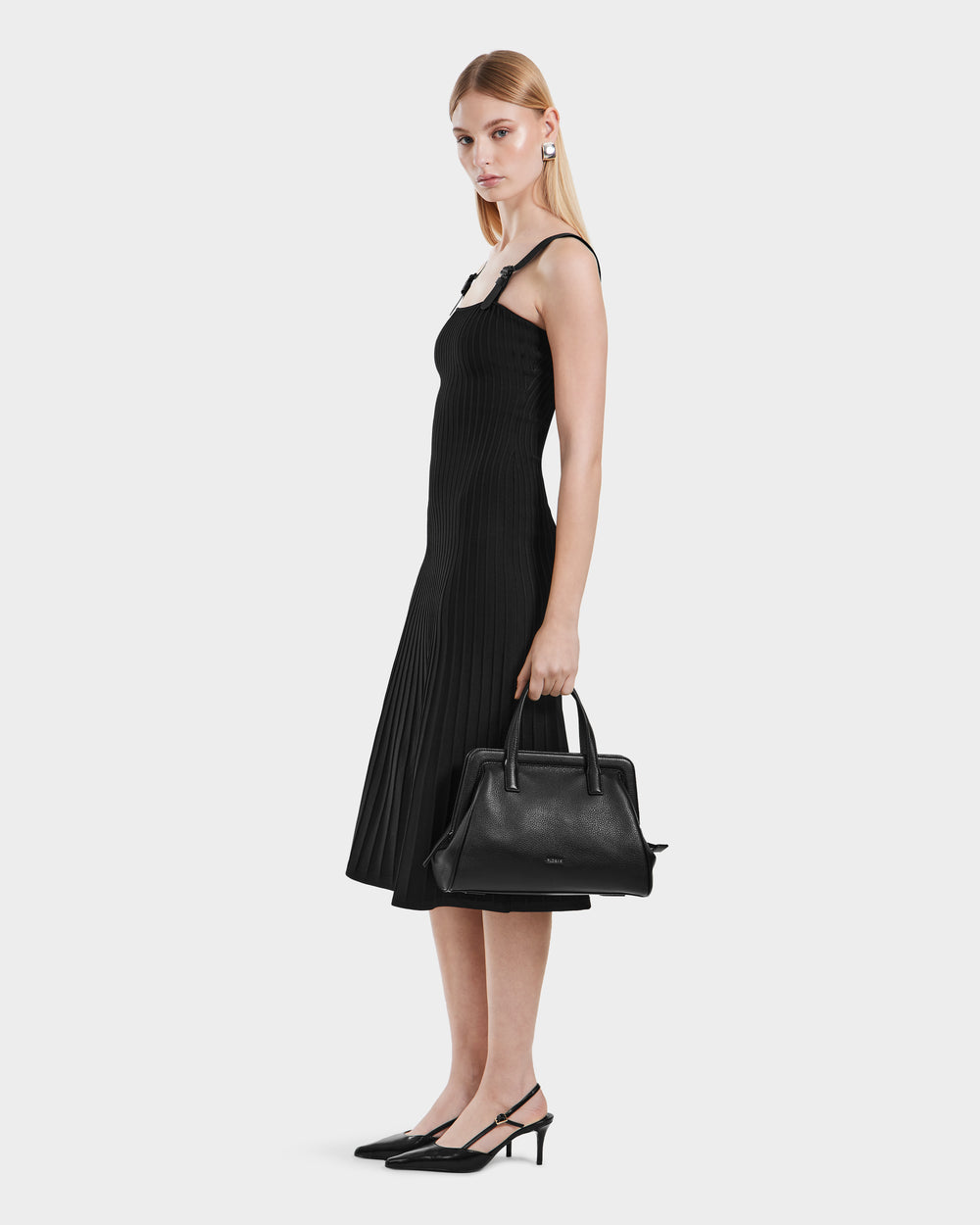 RUDSAK BENICIA Black Pleated Knit Dress | Vegan Leather Accent