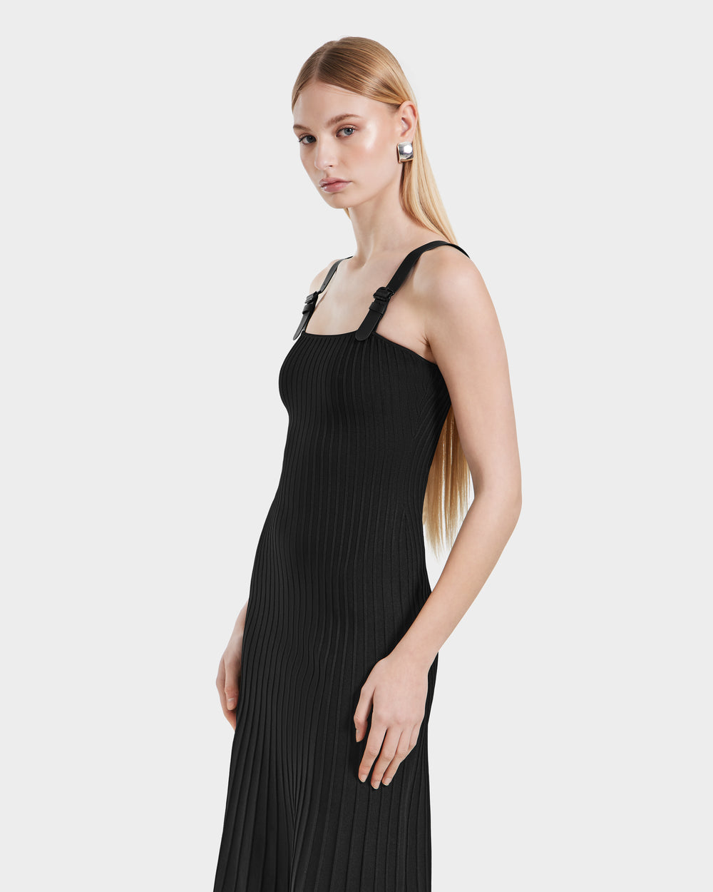 RUDSAK BENICIA Black Pleated Knit Dress | Vegan Leather Accent