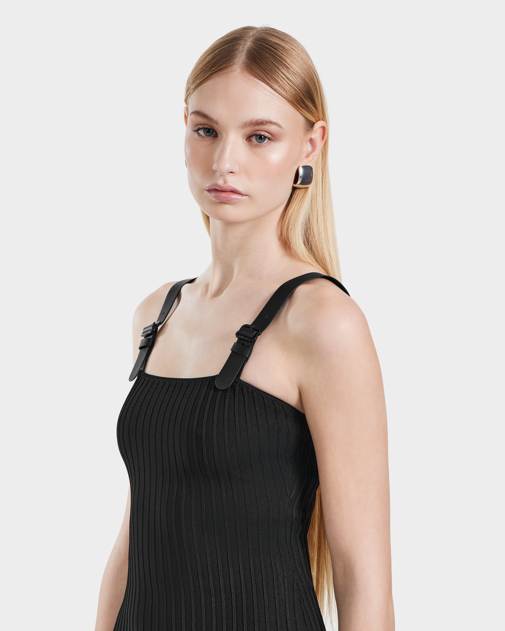 RUDSAK BENICIA Black Pleated Knit Dress | Vegan Leather Accent