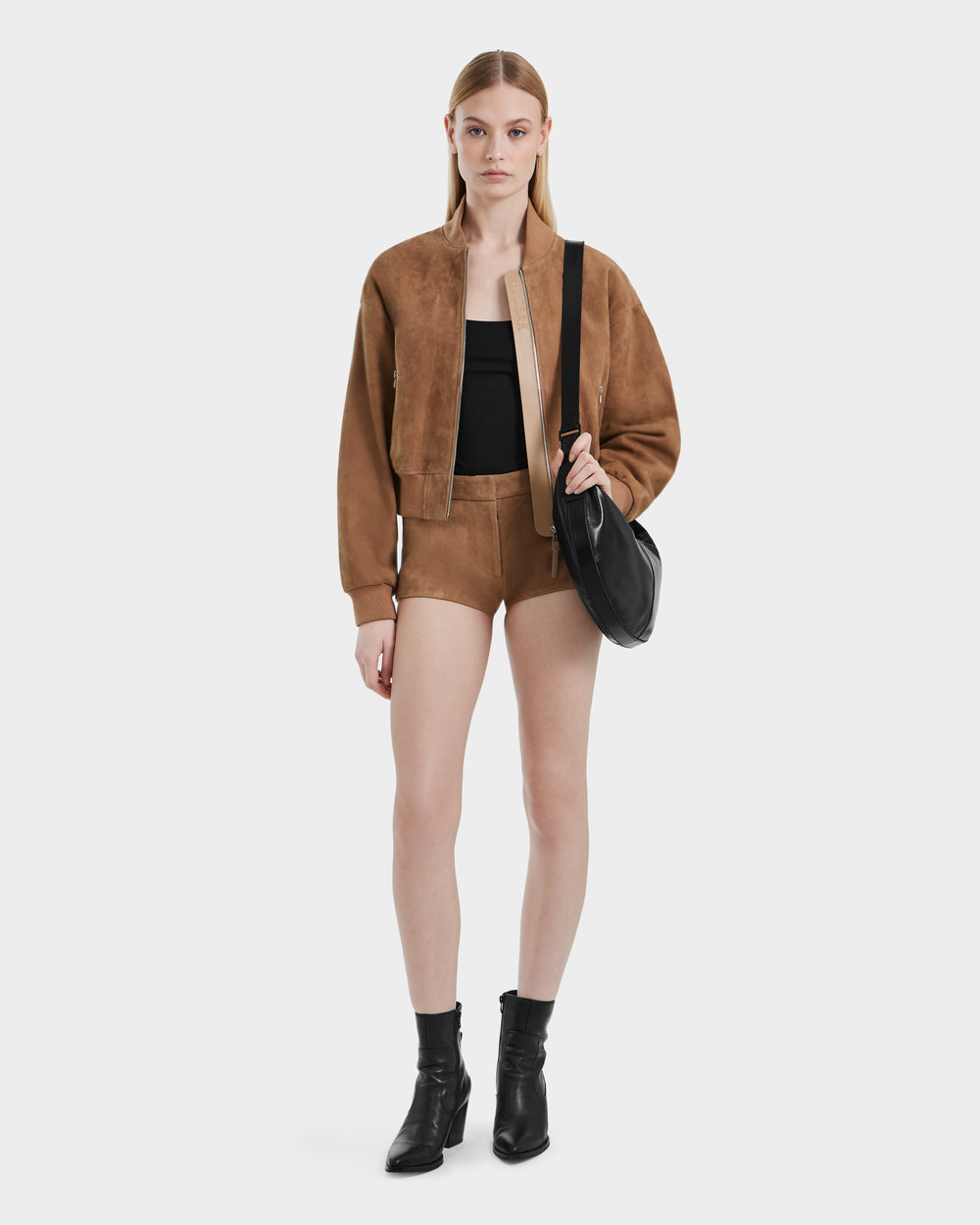 EMERSON SU Almond Suede Cropped Bomber Jacket - Luxury Outerwear