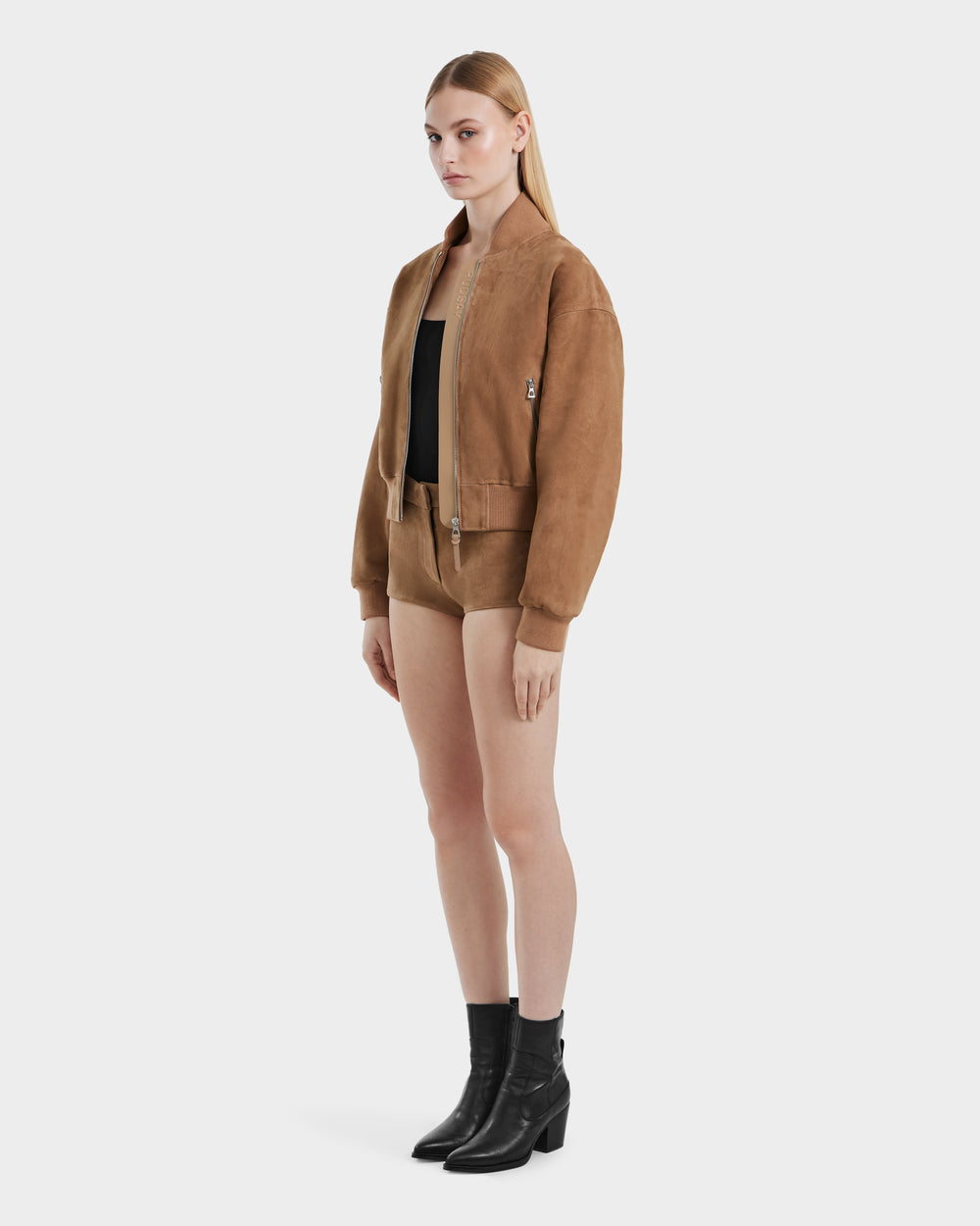 EMERSON SU Almond Suede Cropped Bomber Jacket - Luxury Outerwear