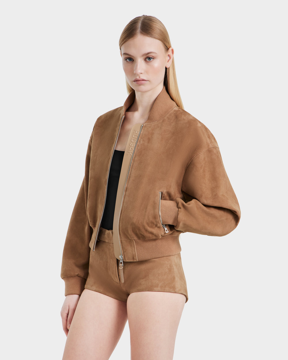 EMERSON SU Almond Suede Cropped Bomber Jacket - Luxury Outerwear
