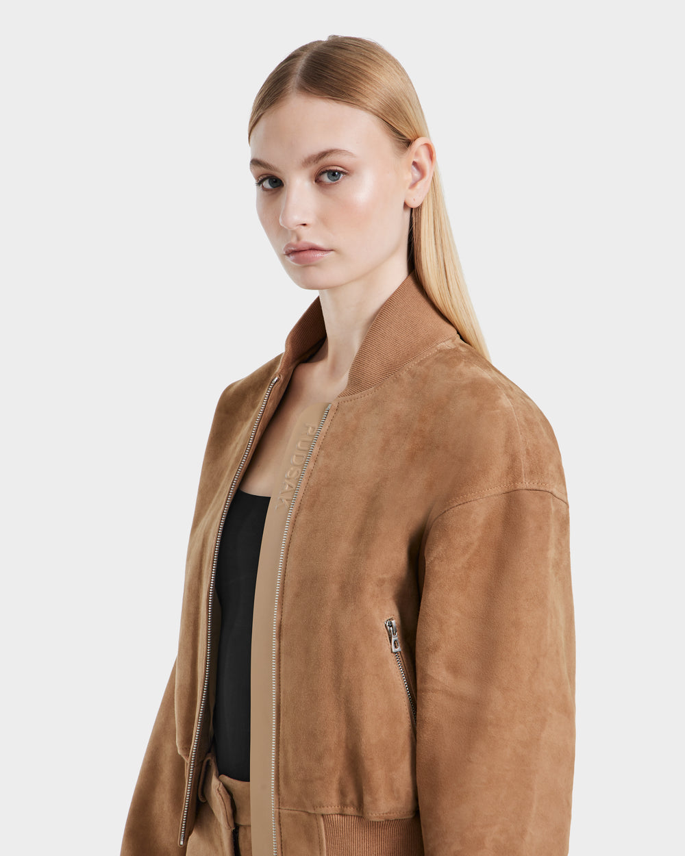 EMERSON SU Almond Suede Cropped Bomber Jacket - Luxury Outerwear