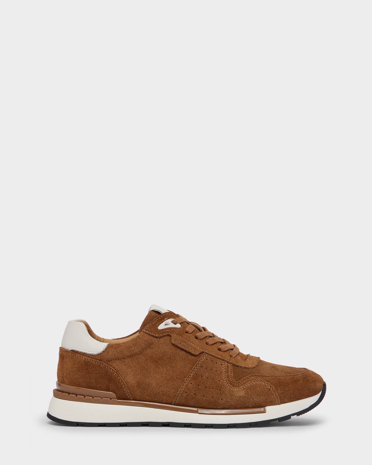 The Rudsak MALONE S - 6225002 Almond is a men’s suede sneaker in brown with white heel and sole accents, brown laces, and a perforated modern side design—ideal for stylish, comfortable footwear.