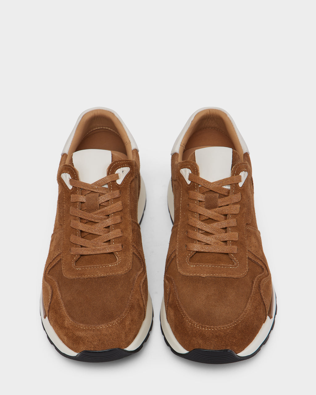 A pair of Rudsak MALONE S - 6225002 Almond men’s brown suede sneakers with white accents and beige inner lining, featuring modern design elements, displayed side by side on a white background, toe caps facing forward.