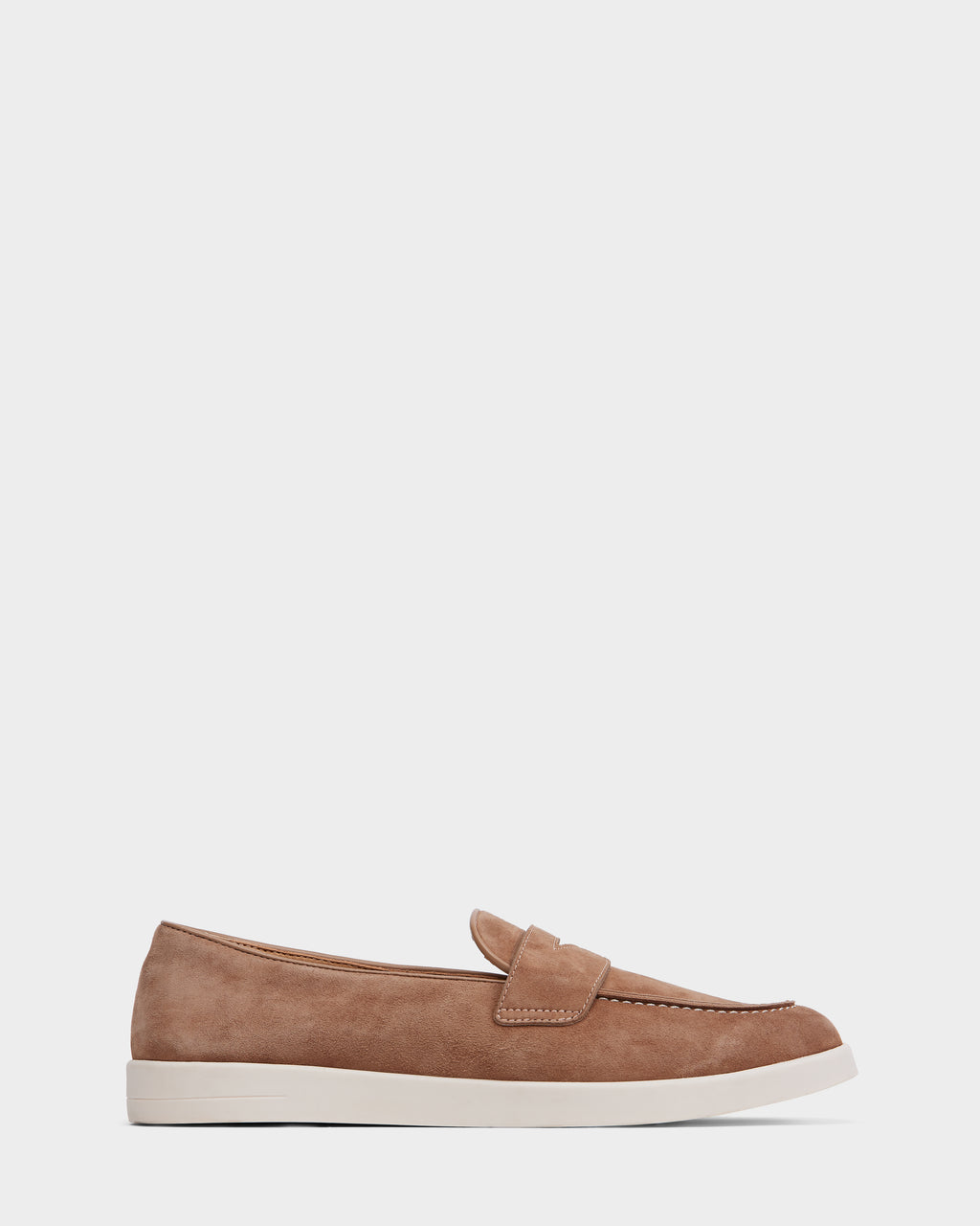 The RABECCA - 8225006 Almond by Rudsak is a womens tan suede slip-on loafer with visible stitching, a white rubber sole, and a low profile—ideal for those seeking luxury shoes.