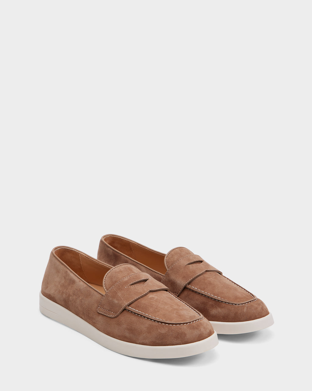 Rudsak RABECCA - 8225006 Almond womens luxury suede loafers feature white rubber soles, classic slip-on design, and stitching details, shown on a plain white background.
