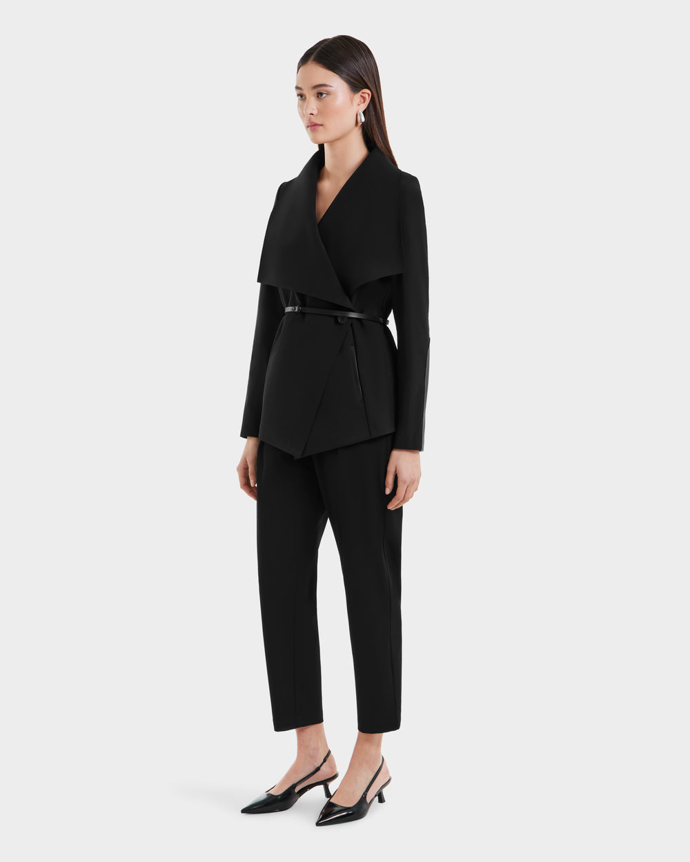 SABRINA Black Wrap Coat - Elegant Draped Collar & Vegan Leather