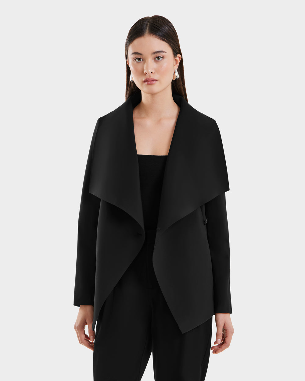 SABRINA Black Wrap Coat - Elegant Draped Collar & Vegan Leather