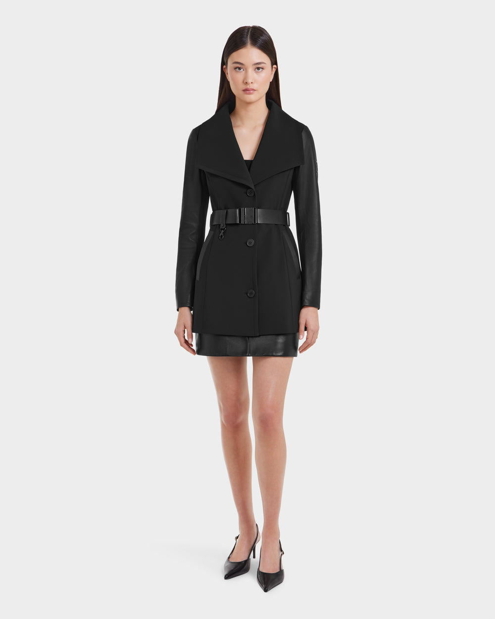 RUDSAK SKYLAR Black Wrap Coat | Elegant & Edgy Leather Sleeves