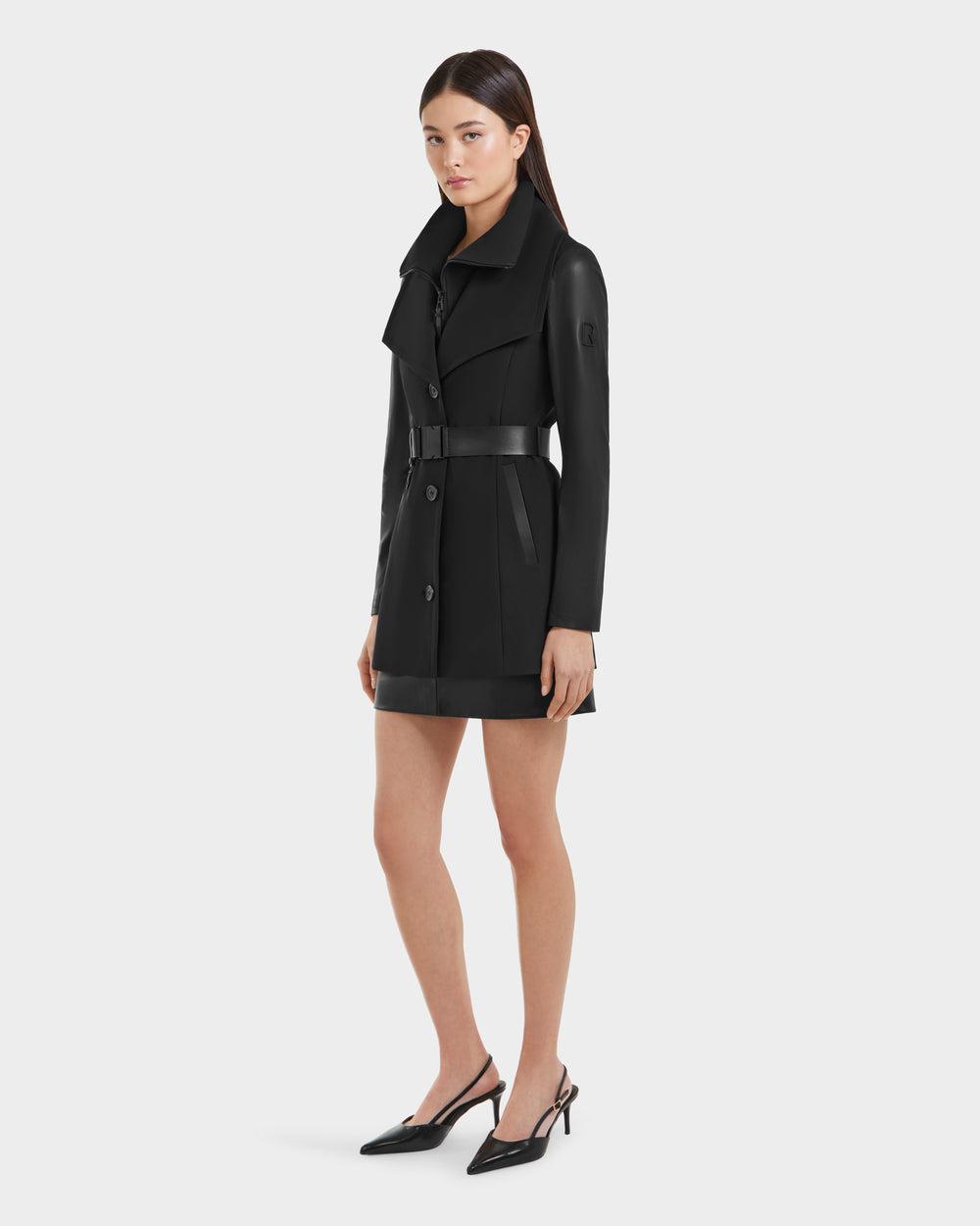 RUDSAK SKYLAR Black Wrap Coat | Elegant & Edgy Leather Sleeves
