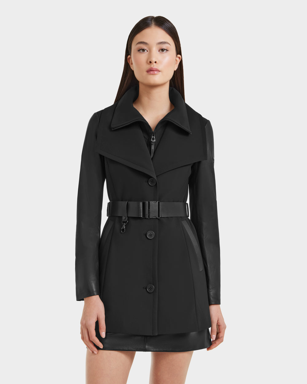 RUDSAK SKYLAR Black Wrap Coat | Elegant & Edgy Leather Sleeves