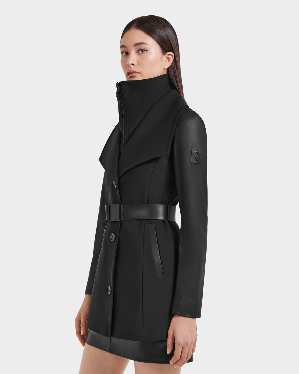 RUDSAK SKYLAR Black Wrap Coat | Elegant & Edgy Leather Sleeves