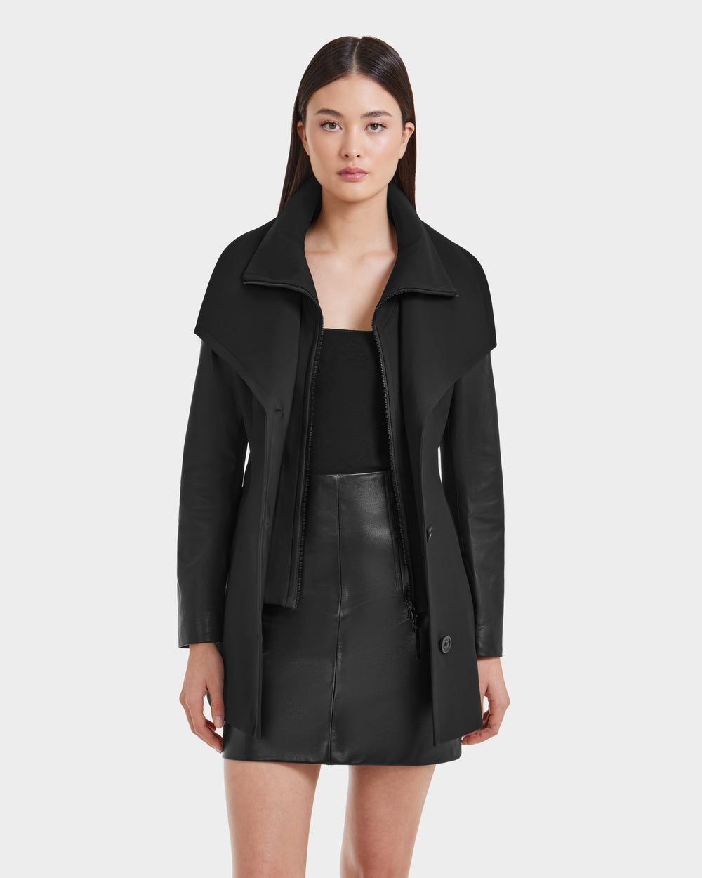 【 Urban unique 】 high-neck strap coat RUDSAK SKYLAR Black Wrap Coat | Elegant & Edgy Leather Sleeves