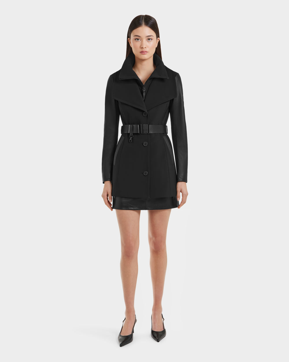 RUDSAK SKYLAR Black Wrap Coat | Elegant & Edgy Leather Sleeves