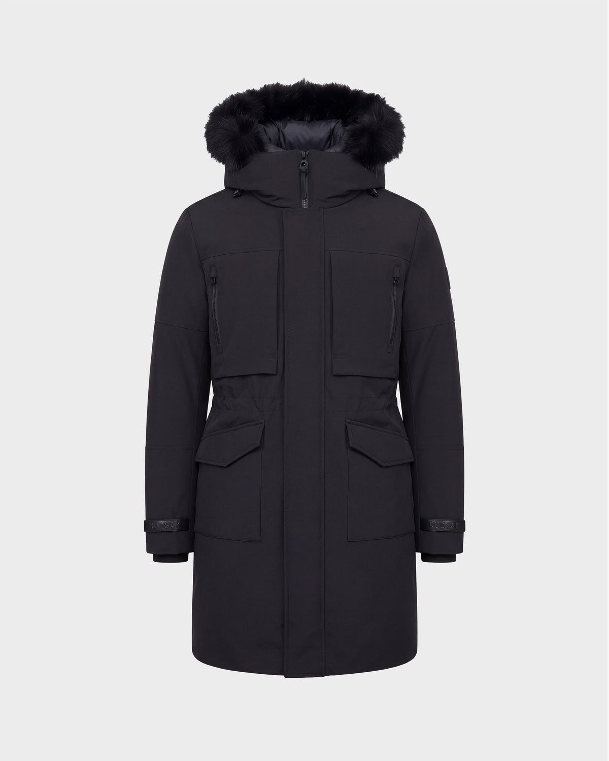 Rudsak TROY - 6126504 Black recycled-nylon hooded parka with an RDS-certified down fill, featuring a fur-trimmed hood, multiple utility pockets, and a front zip closure.