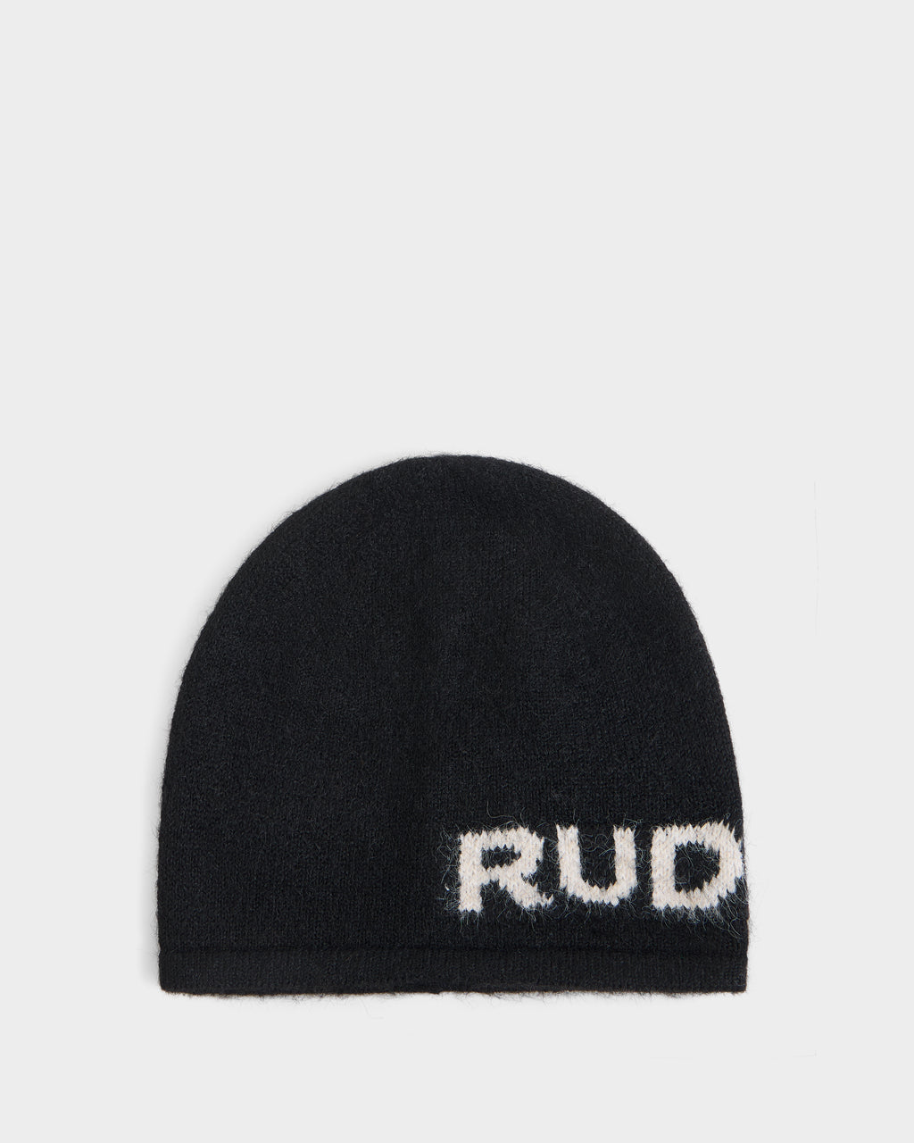 ERIK - U426502 Black beanie with a partial white knit logo on the side.