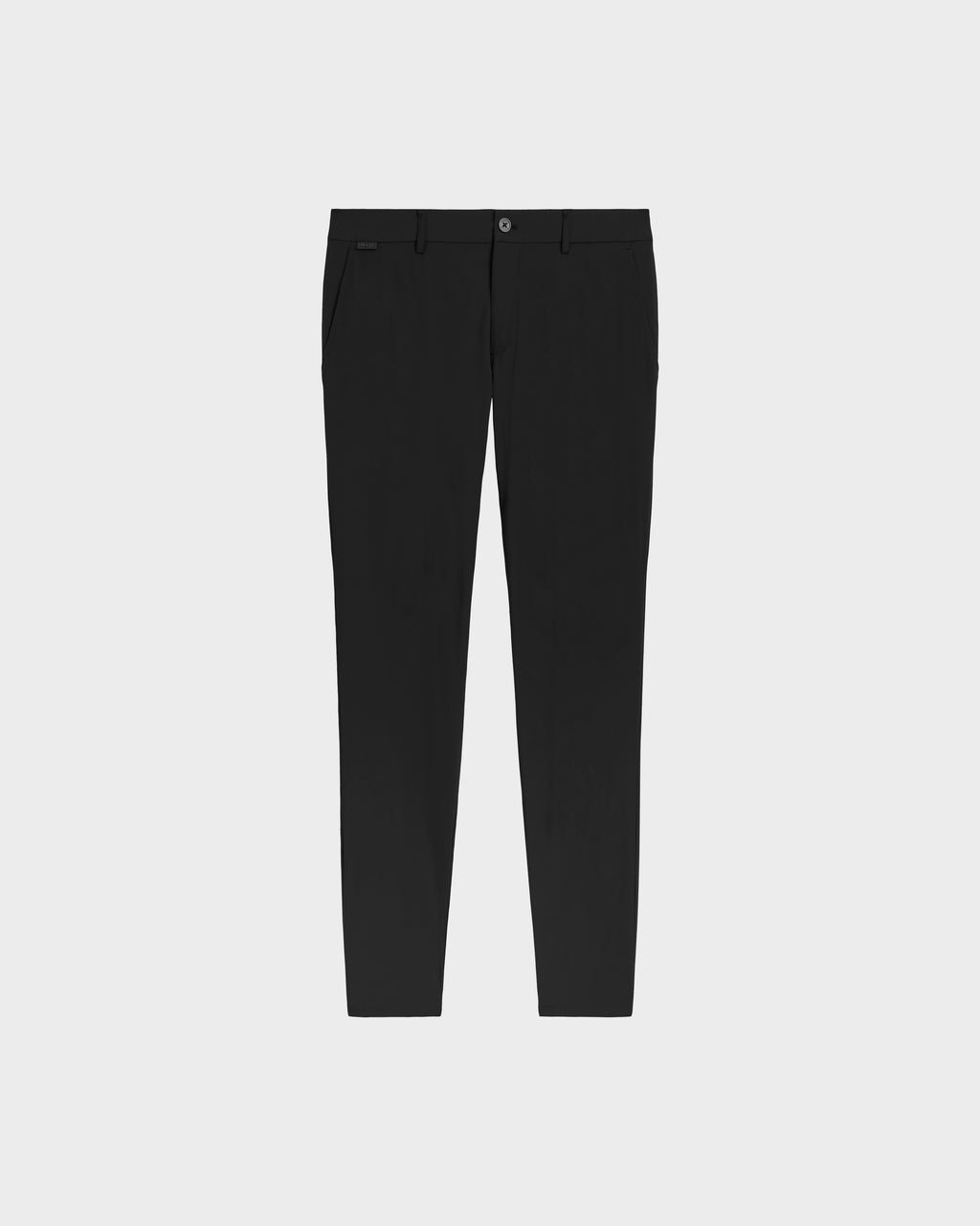 The VERNON - 6525025 Black trousers by Rudsak are slim-fit tapered-leg pants in lightweight technical fabric, featuring a front fly closure, side pockets, and belt loops—essential for the modern wardrobe and shown on a plain white background.