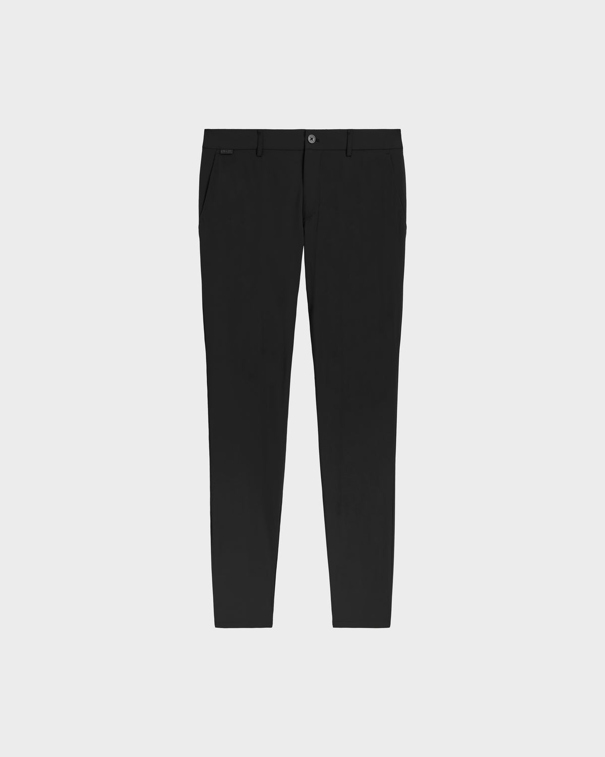 The VERNON - 6525025 Black trousers by Rudsak are slim-fit tapered-leg pants in lightweight technical fabric, featuring a front fly closure, side pockets, and belt loops—essential for the modern wardrobe and shown on a plain white background.