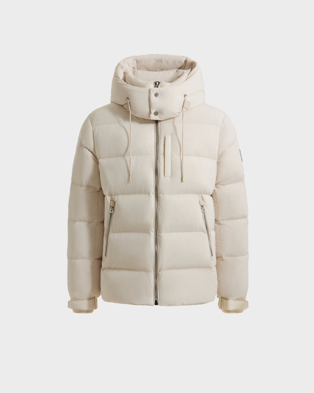 The Rudsak VINCE M - 6124561 Vanilla is a cream mens quilted down puffer jacket with a weather-resistant shell, high collar, detachable hood, two zippered pockets, and front zip closure, shown on a plain white background.