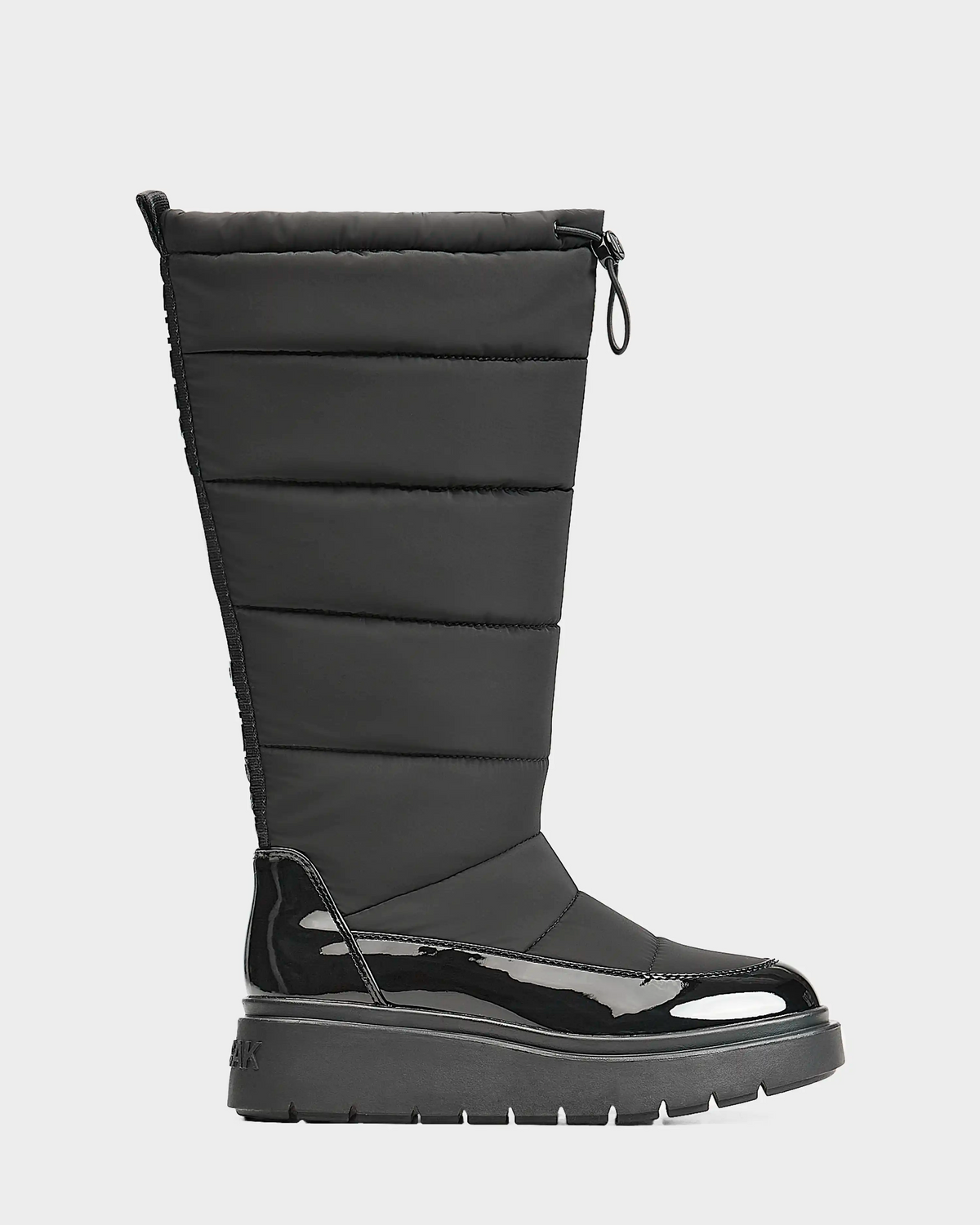 The Rudsak CLAUDE - L223506 Black is a tall women's waterproof quilted winter boot with a shiny patent toe and heel, thick sole, and drawstring closure, shown in side profile against a plain background.
