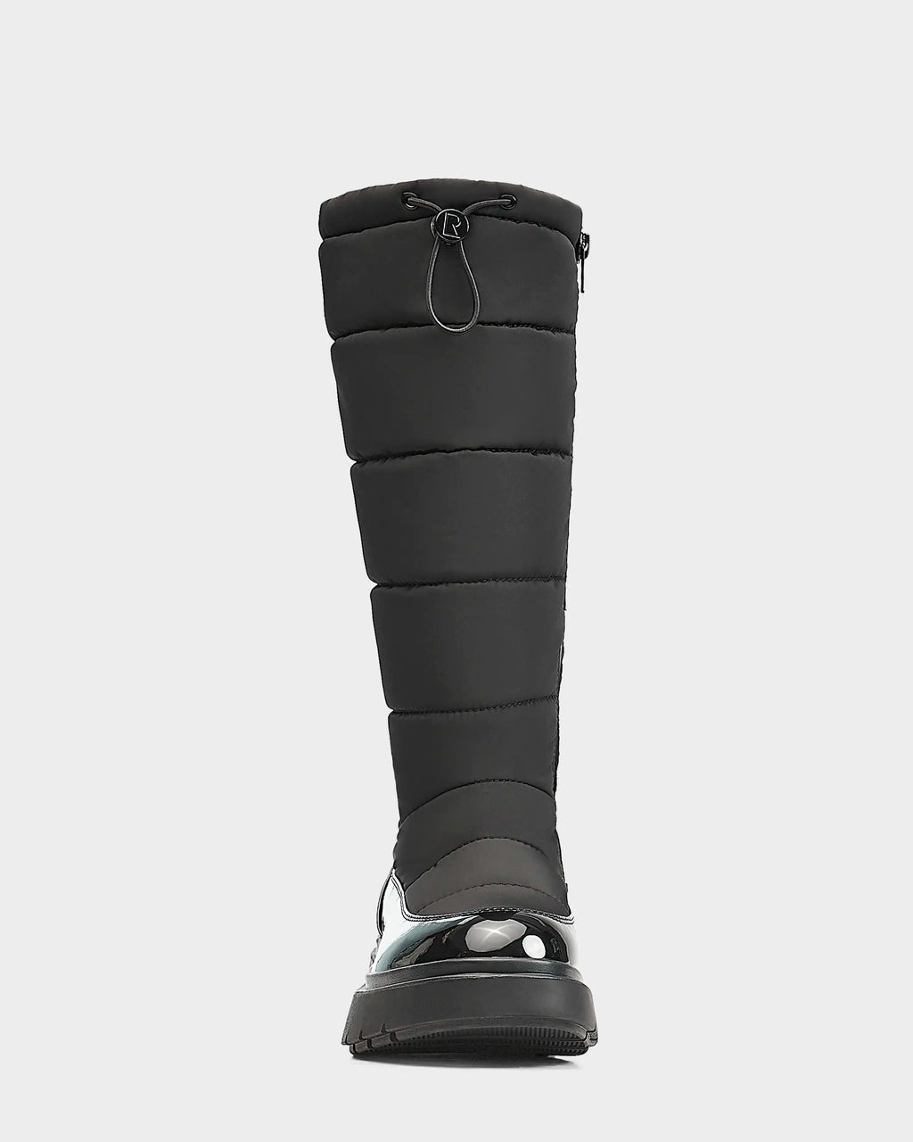 Front view of the Rudsak CLAUDE - L223506 Black women’s tall quilted winter boot, featuring a shiny waterproof lower, padded shaft with drawstring closure, and thick rubber sole for ultimate winter protection.