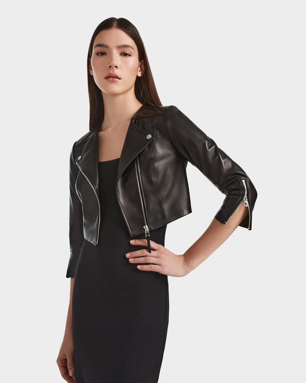 Cropped Womens Leather Coat WINNI Black Cropped Lamb Leather Biker