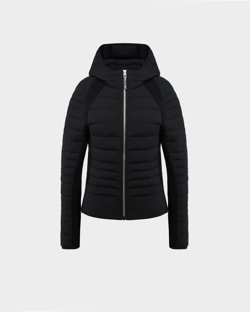 The Rudsak LENA - L124005 Black is a women’s light down quilted jacket with a hood and front zipper, featuring horizontal padded sections and neoprene inserts for warmth and flexibility, shown on a plain white background.