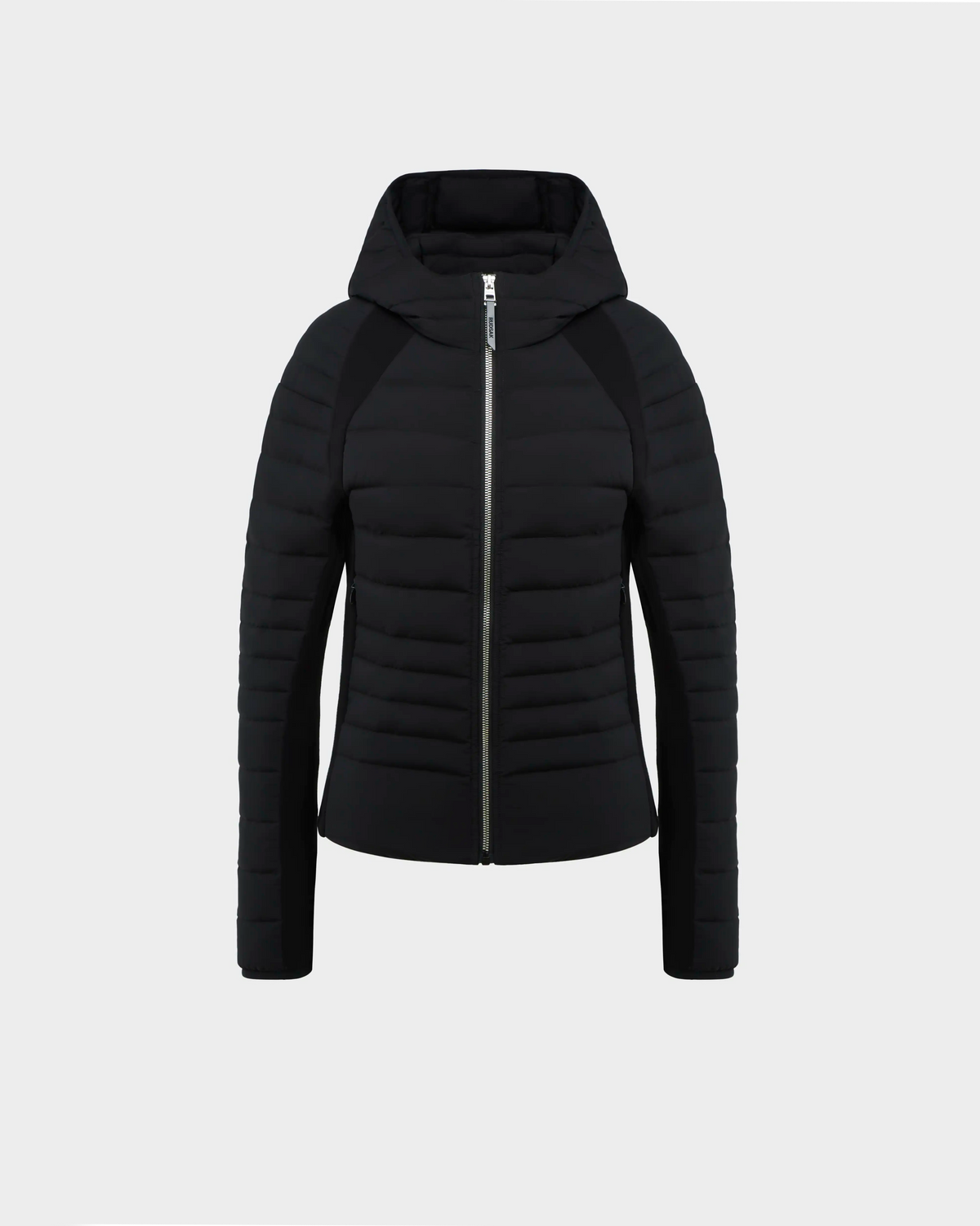 The Rudsak LENA - L124005 Black is a women’s light down quilted jacket with a hood and front zipper, featuring horizontal padded sections and neoprene inserts for warmth and flexibility, shown on a plain white background.