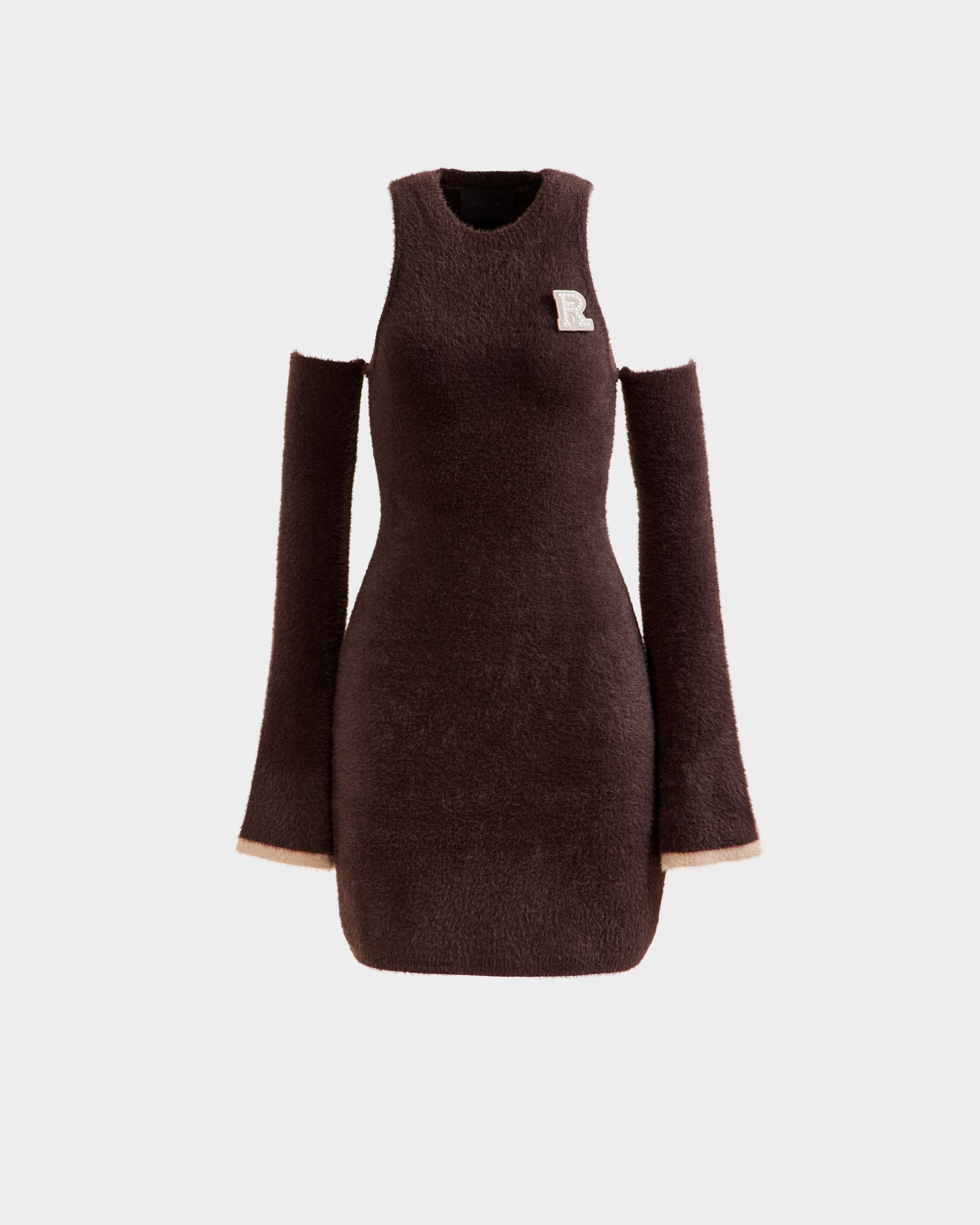 The Rudsak ZARAH - 8525696 Espresso is a sleeveless, brown fuzzy knit mini dress featuring detachable long sleeves and a white R patch on the chest, styled for après-ski fashion and showcased on a plain light background.