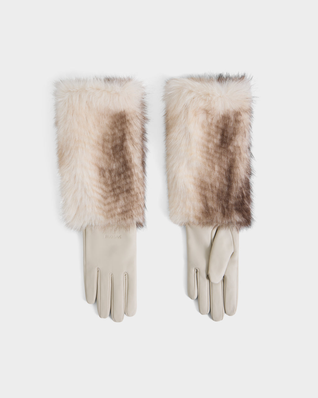 A pair of Rudsak ZAYLA - 8426712 Vanilla beige gloves with long, fluffy, light brown and cream faux fur cuffs is laid flat on a white background.