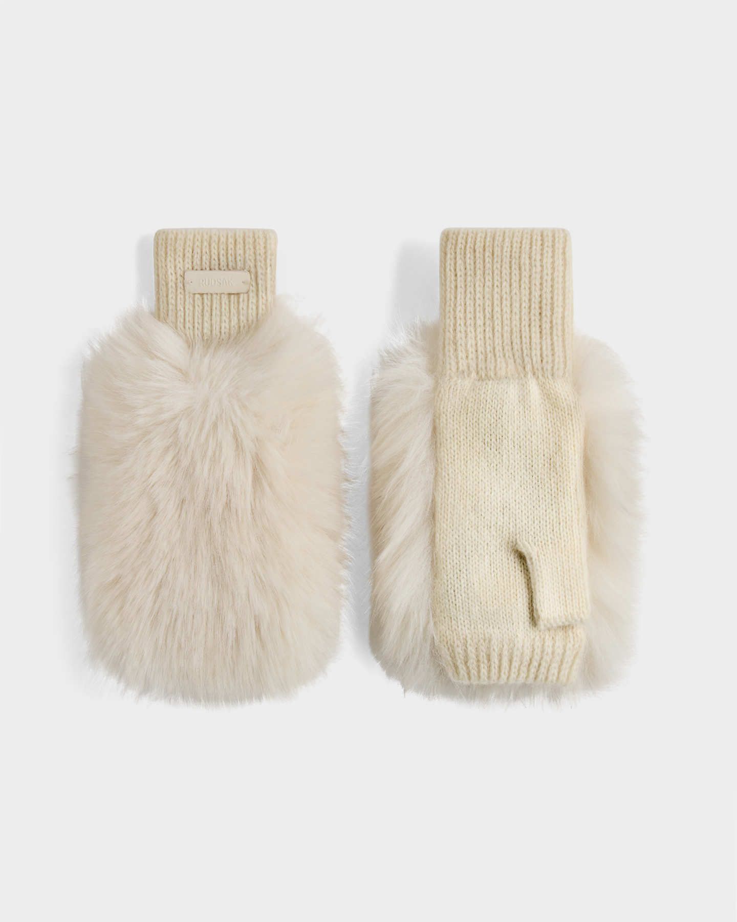 The Rudsak LIA - 8425007 Vanilla women's fingerless mittens feature a cream faux fur outer side and wool-blend knit inner side and cuff, shown on a white background.