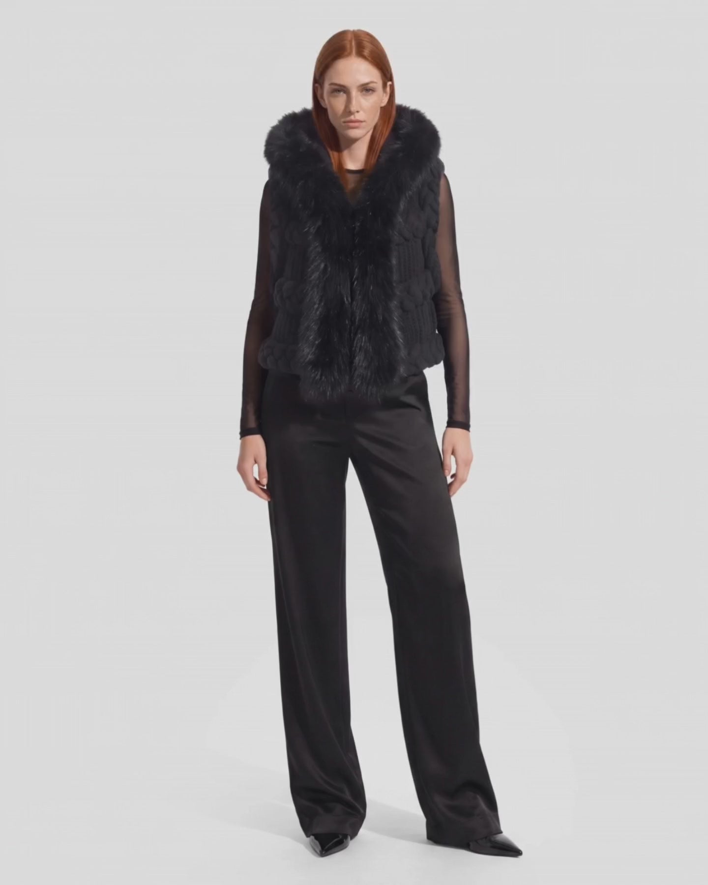 トップス IMMUNE faux fur camisole CICELY Black Braided Knit Vest - Faux Fur Hood