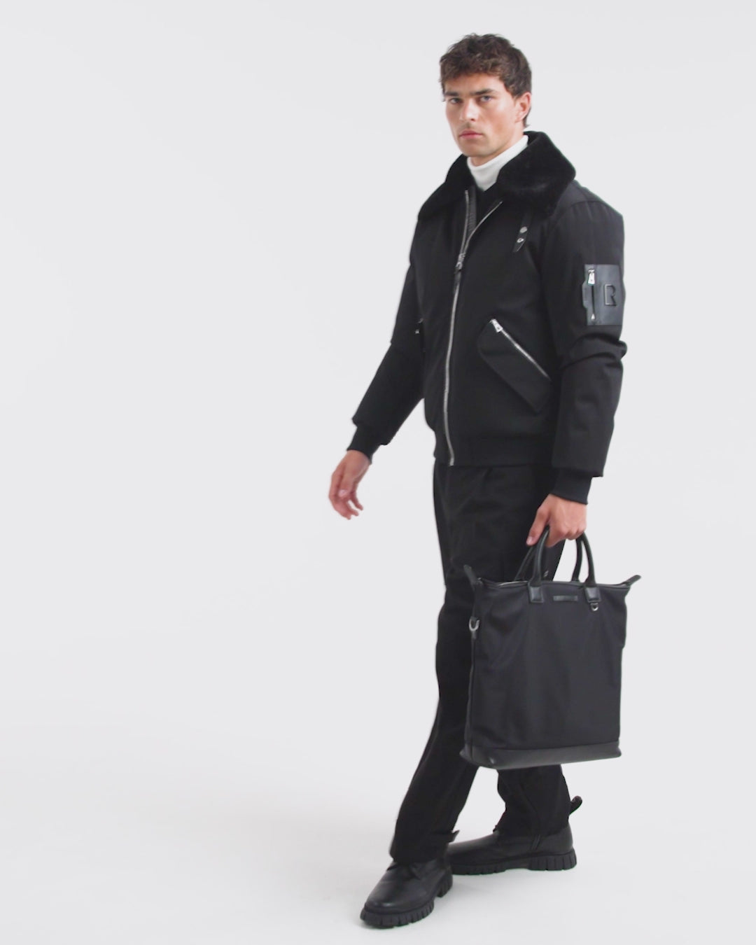 RUDSAK DYLAN Men's Black Aviator Bomber Jacket | Faux Fur Trim