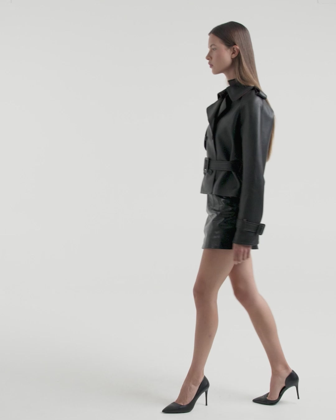 RUDSAK Cassie S-B Black Cropped Bonded Leather Trench Coat – Rudsak