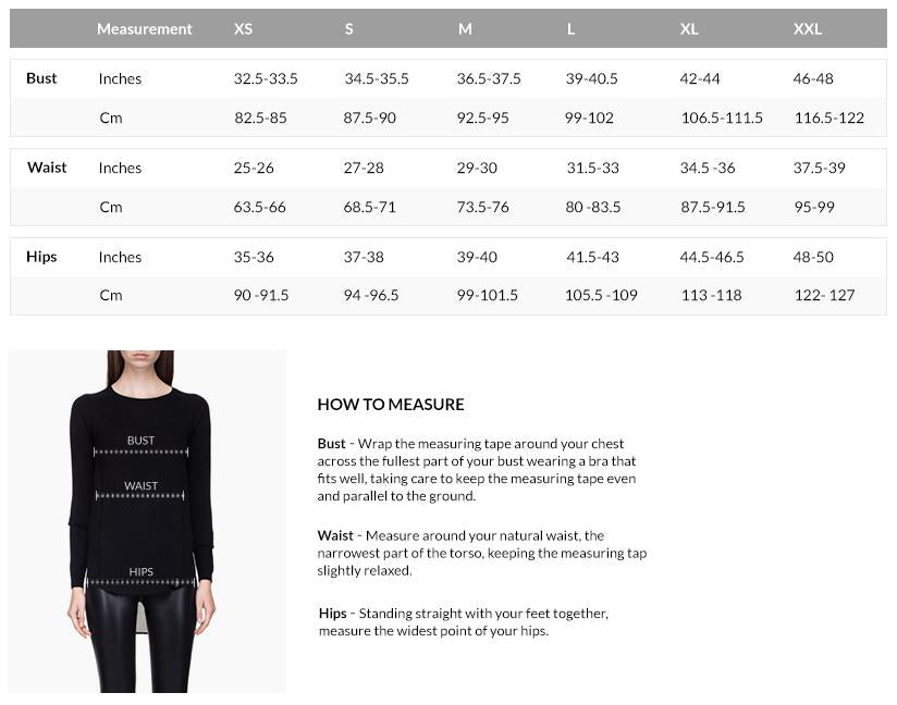 Size chart for womens clothing showing bust, waist, and hips measurements in inches and centimeters for sizes XS to XXL, alongside a diagram and instructions on how to measure each area.