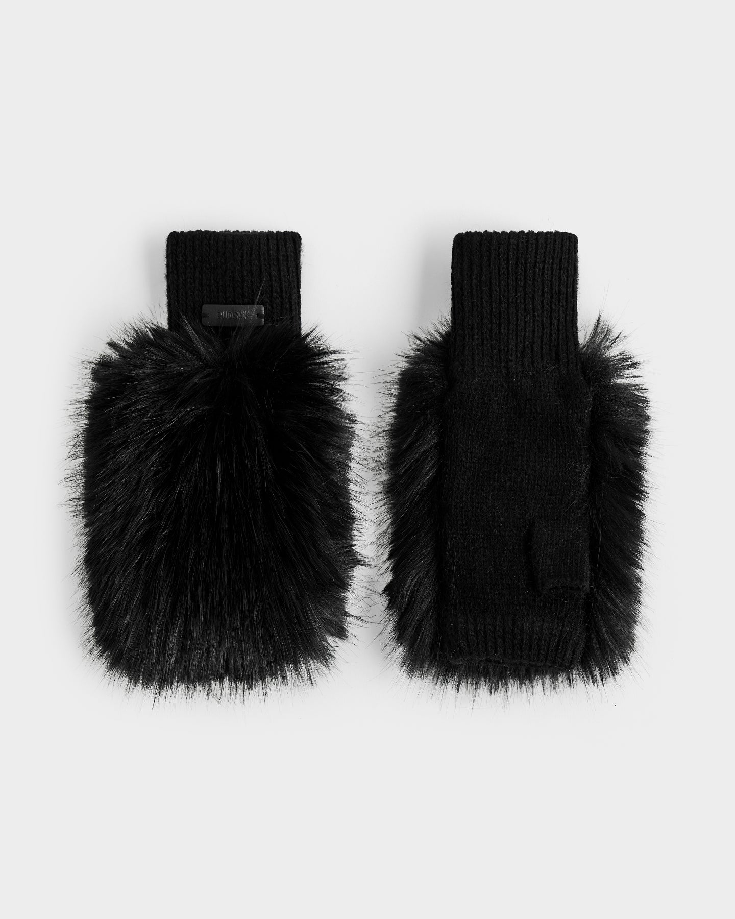 The Rudsak LIA - 8425007 Black women’s fingerless mittens feature ribbed cuffs and soft faux fur on the outside, crafted from a cozy wool-blend knit, shown side by side on a plain light grey background.