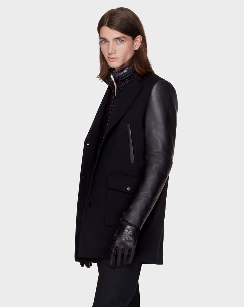 Wool coat with sales leather sleeves