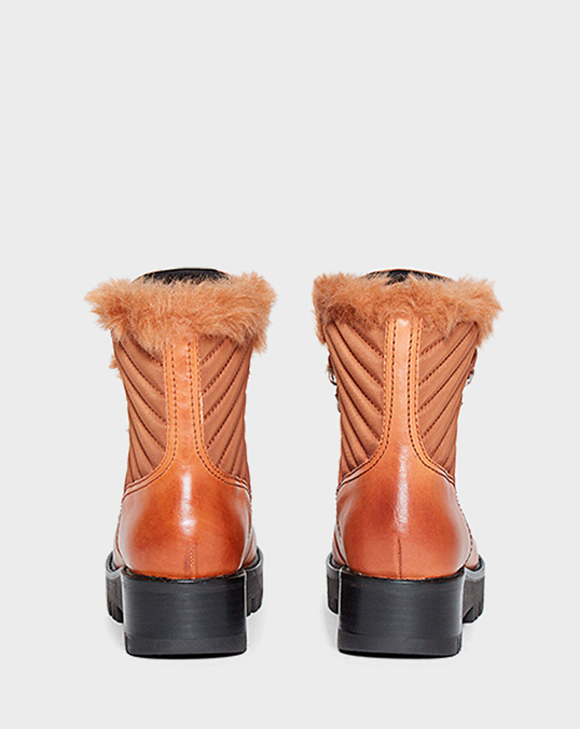 The TSARY - CA EN L219530 TAN boots by Rudsak are brown leather ankle boots with faux-fur trim and thick black soles, shown from the back against a plain light background.