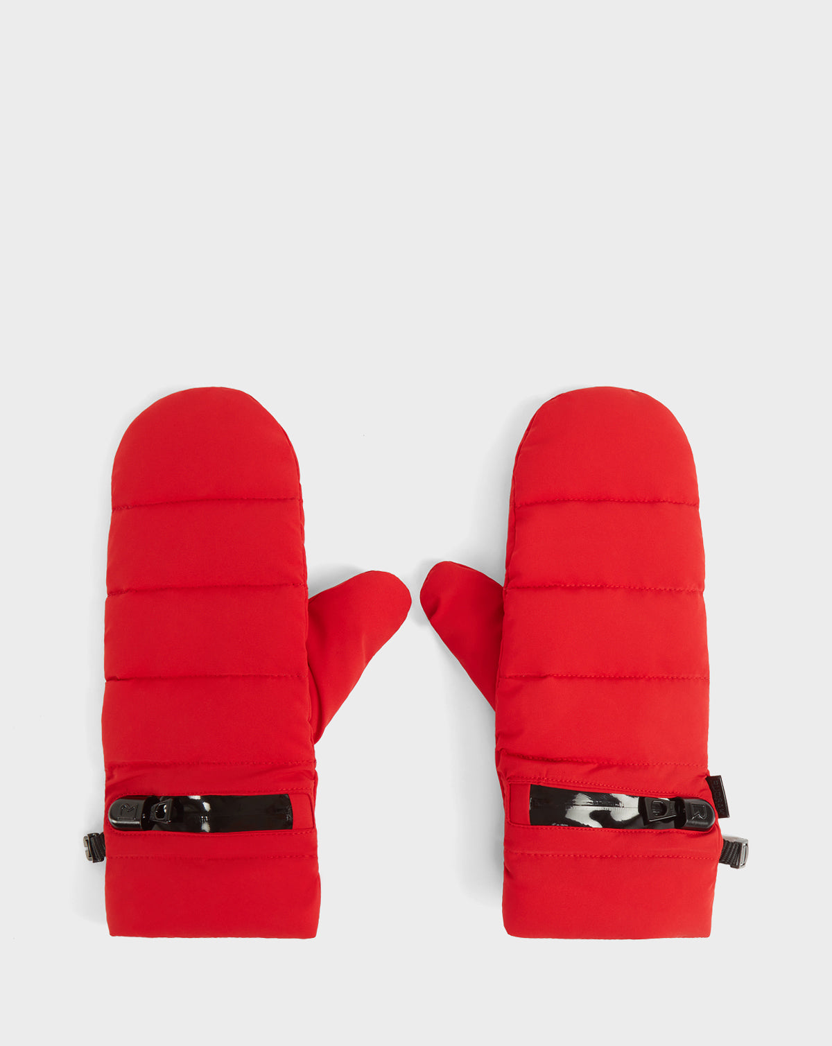 The Rudsak ELIA - CA EN 8421505 POPPY RED womens mittens, padded with RDS-certified down and featuring black adjustable wrist straps, are shown on a white background—ideal for winter activities.
