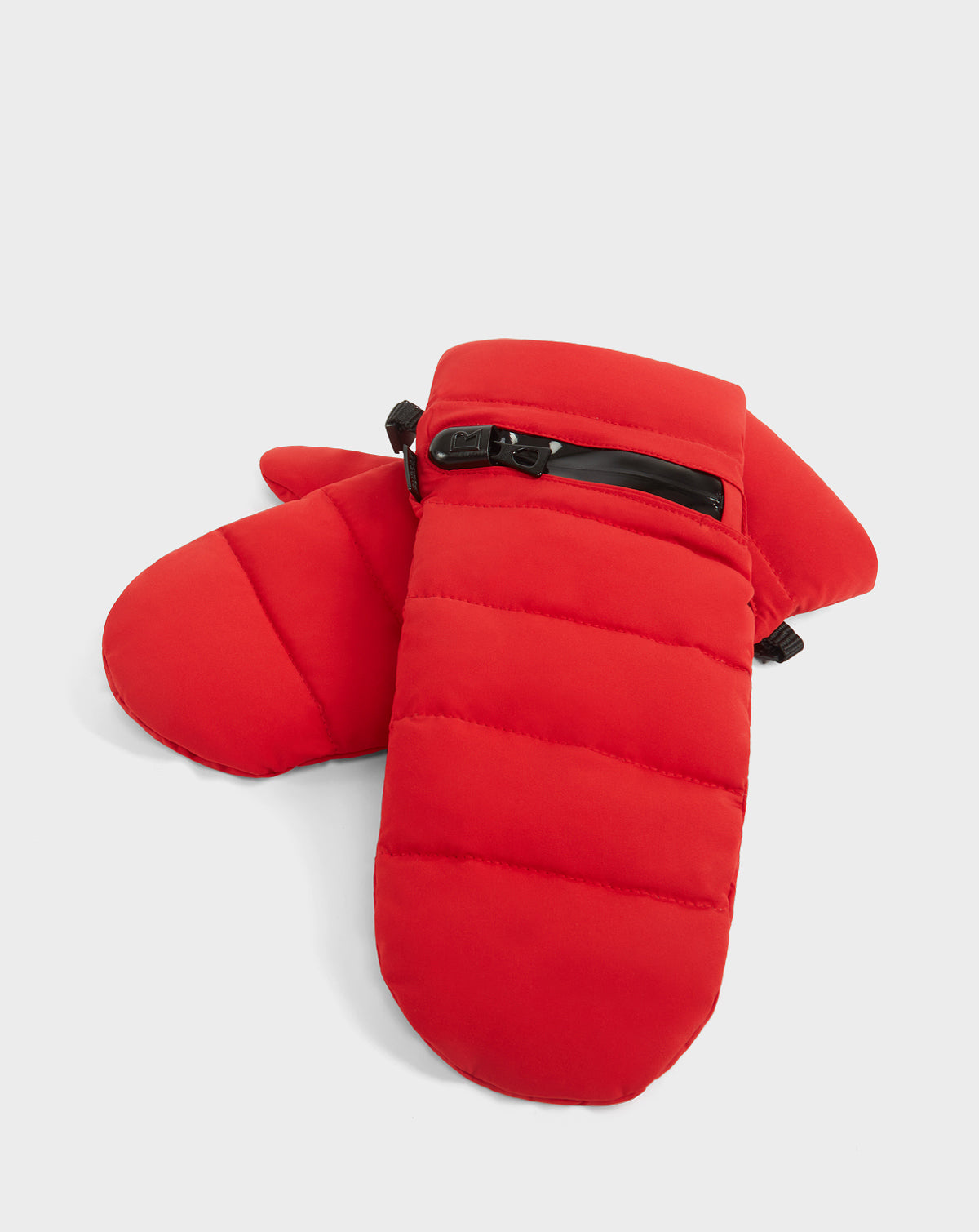 Two bright red Rudsak ELIA mittens (CA EN 8421505 POPPY RED) with horizontal stitching, one atop the other. The top features a black adjustable wrist strap—ideal women’s winterwear. Displayed against a plain white background.